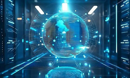 信息数据3D渲染 科技感地球球体与全球网络连接服务器机柜场景插画
